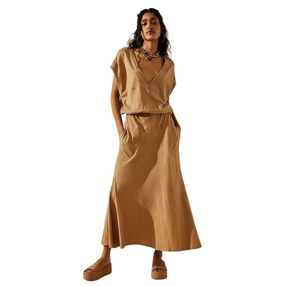 Effortless Tan Midi Dress with V-Neck